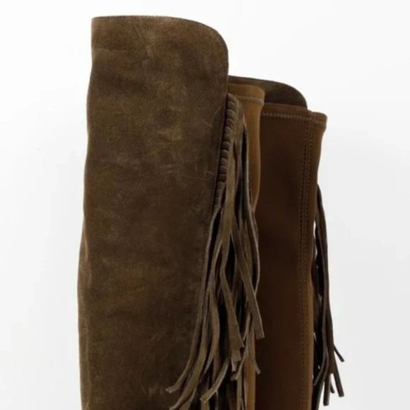 Stuart Weitzman 5050 Mane Fringe Olive Suede Leather OTK Boots - Picture 7 of 11